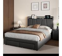 YNYHTER Cama con Maletero 160x200, Cama Hidráulica con Cabecero Función de Carga USB Came de Matrimonio con led y Cargador Came Matrimonio Tapizada con Somier de Láminas,sin Colchón