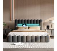 YNYHTER Cama con USB y Luz Led, Cama Matrimonio 160x200 led con Almacenaje y Cargador Cama Tapizada con Espacio de Almacenamiento Cama Hidráulica con Cabecero Tejido de Lino (Gris Lino, 160x200 cm)