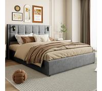 YNYHTER Cama de Matrimonio con Almacenamiento y led, Cama Hidráulica 160x200 con Cabecero y Lámpara de Lectura Cama Doble Tapizada con Carga USB Tela de Terciopelo Marco de Cama (A Gris, 160x200 cm)