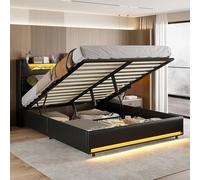 YNYHTER Cama Tapizada 140x200,Cama HidráUlica 140x200 Camas de Matrimonio con USB y led Camas con Cabecero Camas Acolchada Camas con Almacenaje Camas Doble Tapizada con Somier (Negro PU, 140x200cm)