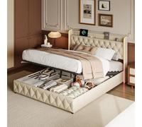 YNYHTER Cama Tapizada 160x200,Cama HidráUlica 160x200 Camas de Matrimonio con USB y led Camas con Cabecero Camas Acolchada Camas con Almacenaje Camas Doble Tapizada con Somier (Beige, 160x200cm)
