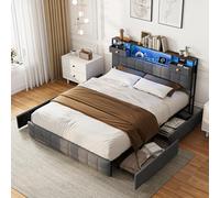 YNYHTER Cama tapizada de 140 x 200 cm, cama doble con iluminación LED y enchufes, espacio de almacenamiento con 4 cajones, cama juvenil con somier, estructura de cama, terciopelo, sin colchón (gris +