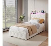 YNYHTER Cama tapizada de 90 x 200 cm, cama individual con 2 cajones, espacio de almacenamiento con LED y USB, cama juvenil con somier y cabecero acolchado, estructura individual, terciopelo, sin