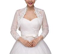 YO-HAPPY Chal de Boda, Chaqueta de Boda de Manga 3/4 para Mujer Capa con Adornos de Encaje Floral Abrigo encogiéndose de Hombros Cárdigan Bolero