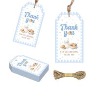 YO PERREO SOLA 50 etiquetas de agradecimiento para baby shower, diseño de leche azul y blanco, etiquetas de papel preperforadas con cordel, suministros de decoración para fiestas de cumpleaños de bebé