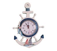 YOAI Reloj de pared de madera, estilo mediterráneo, reloj de ancla con tema de playa, mar, timón, timón, decoración para colgar en la pared