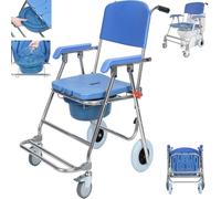yoakaiax Silla de ruedas para ducha con 4 ruedas bloqueables, 3 en 1 plegable con ruedas, silla para inodoro con respaldo, para personas mayores y discapacitados, color azul