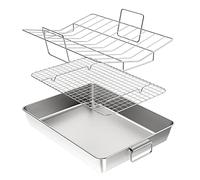 Yoassi 3 Pack 41cm Bandeja de Horno 41 * 31 * 6.7cm,Bandeja Rectangular con 2 Rejillas, Bandeja Rectangular de Acero Inoxidable Asador con Asas para Pollo, Apto para lavavajillas