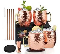 Yoassi 4 SETS 530ml Moscow Mule Tazas de Cobre Moscú Copas de Cóctel Martillado Hecho a Mano, con 4 Posavasos, 4 Pajitas, 1 Cepillo de Limpieza, 1 Taza Medidora, 1 Caja Elegante de Regalo