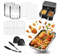 Yoassi Juego de accesorios para freidora de aire caliente de acero inoxidable 304 con parrilla, tapa, guantes, pinzas, para Ninja Airfryer Dual Zone y FlexDrawer AF400EU/AF451EU/AF500EU (9 piezas)