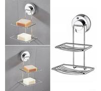 YobiLife Jabonera de doble capa con soporte de succión fuerte, acabado de acero cromado para baño y cocina en metal de vidrio de cerámica