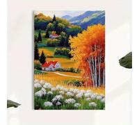 Yocheng Impresionante cuadro de paisaje otoñal para pared: vibrante escena de bosque en tonos naranjas y verdes con una casa de tejado rojo. 30x40cm sin marco