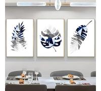 Yocheng Juego de 3 lienzos artísticos,lienzo,estilo artístico,paisajes de hojas grises y azules,láminas de arte en tinta para el hogar. 30x40cmx3 sin marco