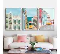 Yocheng Póster de Lisboa con estampado de dibujos animados de viaje,arte de pared con paisaje colorido de Portugal,pintura en lienzo de paisaje urbano,decoración para oficina 50x70cmx3 Sin Marco