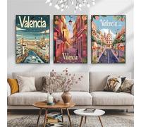 Yocheng Póster de viaje colorido Vintage,impresiones de carteles de viaje de Valencia,pintura en lienzo de paisaje Retro de España,decoración de lectura para el hogar 60x80cmx3 Sin Marco