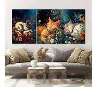 Yocheng Póster y láminas de 3 gatos durmiendo entre flores,arte animal,pintura sobre lienzo,cuadro para la pared de la sala de estar y la decoración del hogar. 50x70cmx3 Sin Marco