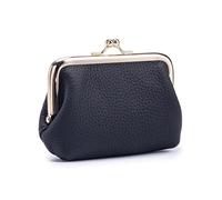 Yocipa Monedero de piel auténtica con clip con llavero, ranuras para múltiples tarjetas, cartera con marco de bloqueo de beso, varios colores disponibles, Negro, Monedero con clip