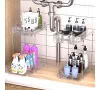 YOCOLE 2 Piezas Organizador Bajo Fregadero 2 Niveles, Deslizable Estante Almacenamiento Debajo Fregadero con 4 Ganchos y 1 Cesta Colgante, Cajon Extraíble para Cocina Bano, Transparente