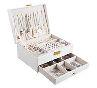 YOCOLE Joyeros Mujer Organizador, 2 Niveles Caja Joyero Organizador Joyas Cuero PU, Grande Joyero Viaje Cajones Niña para Anillos, Pendientes, Collares, Relojes, con Cerradura y Llave, Blanco