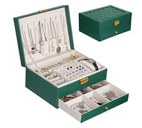YOCOLE Joyeros Mujer Organizador, 2 Niveles Caja Joyero Organizador Joyas Cuero PU, Grande Joyero Viaje Cajones Niña para Anillos, Pendientes, Collares, Relojes, con Cerradura y Llave, Verde