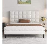 Yocreat Cama tapizada de 160 x 200 cm, cama de matrimonio, estructura con cabecero y somier de láminas, altura 30 cm, blanco