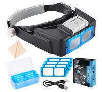 YOCTOSUN Lupa de diadema con luz, lupa recargable para trabajos cercanos, lupa de cabeza de 1.5X-3.5X con 4 lentes, visera de lupa manos libres para joyeros, manualidades, pasatiempos