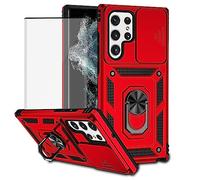 Yodueiv Funda para Galaxy S22 Ultra, Samsung S22 Ultra SM-S908U con protector de pantalla de vidrio templado y cubierta de cámara deslizante, anillo magnético para soporte de coche para Samsung Galaxy S22 Ultra 5G, rojo