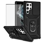 Yodueiv Funda para Galaxy S22 Ultra / Samsung S22 Ultra SM-S908U con protector de pantalla de vidrio templado y cubierta de cámara deslizante, anillo magnético para soporte de coche para Samsung Galaxy S22 Ultra 5G, color negro