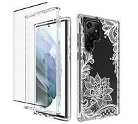 Yodueiv Funda para Galaxy S22 Ultra/Samsung SM-S908U con protector de pantalla de vidrio templado, cuerpo completo lindo patrón de mandala transparente funda protectora para Samsung Galaxy S22 Ultra 5G (Mandala)