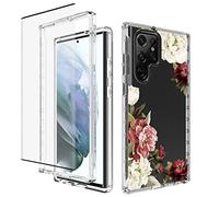 Yodueiv Funda para Galaxy S22 Ultra/Samsung SM-S908U con protector de pantalla de vidrio templado, funda protectora de cuerpo completo con patrón floral transparente para Samsung Galaxy S22 Ultra 5G (flor)