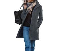 yoeasy Abrigo casual de mezcla de lana gruesa para mujer, cuello alto, botonadura única, abrigo de invierno de longitud media, Gris, Large