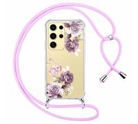 Yoedge Funda con Cuerda para Samsung Galaxy S24 Ultra 5G 6,8",Transparente Carcasa Aesthetic Dibujos Flores Case con Correa Colgante Collar Cuello,Silicona PC Antichoque Cover per Samsung S24 Ultra,12