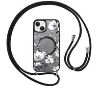 Yoedge Funda Magnética para iPhone 15 6,1" con Cuerda, Aesthetic Flores Dibujos Carcasa Cordon Cadena Colgante Case Compatible con MagSafe, Mate Translúcida PC Suave TPU Antigolpes Cover, Negro