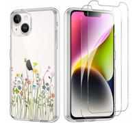 Yoedge Funda para iPhone 14/iPhone 13 6,1’’ con 2 Piezas Cristal Templado Protector Pantalla, Aesthetic Ultra Fina Transparente Carcasa, Antigolpes TPU Silicona Case para iPhone 13, Flor 03