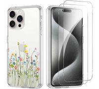 Yoedge Funda para iPhone 15 Pro MAX 6,7’’ con 2 Piezas Cristal Templado Protector Pantalla, Aesthetic Ultra Fina Transparente Carcasa, Antigolpes TPU Silicona Case para iPhone 15 Pro MAX, Flor 03