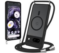 Yoedge Magnética Funda para Google Pixel 8 5G 6,2" con Cuerda, Compatible con MagSafe, Carcasa Mate Translúcida PC Suave TPU Antigolpes Protectora Case con Ajustable Cordon Colgante Cadena, Negro