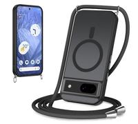 Yoedge Magnética Funda para Google Pixel 8a 5G 6,1" con Cuerda, Compatible con MagSafe, Carcasa Mate Translúcida PC Suave TPU Antigolpes Protectora Case con Ajustable Cordon Colgante Cadena, Negro