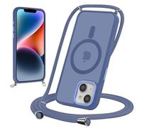 Yoedge Magnética Funda para iPhone 15 Plus 6,7" con Cuerda, Compatible con MagSafe, Carcasa Mate Translúcida PC Suave TPU Antigolpes Protectora Case con Ajustable Correa Cordon Colgante, Azul