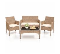 Yoevu - set de jardín conversacional 4 piezas - 1 sofá, 2 sillas con cojines y mesa con cristal templado, muebles de exterior en ratán, resistentes al agua, para terraza, patio o balcón