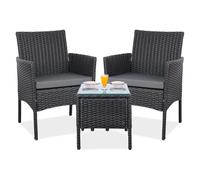 YOEVU - Set de Jardín de Ratán 3 Piezas | 2 Sillas con Cojines y Mesa de Cristal | Resistente al Agua y Sol | Ideal para Terraza y Balcón, Grande, Ratán (Antracita)