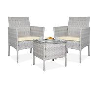 YOEVU - Set de Jardín de Ratán 3 Piezas | 2 Sillas con Cojines y Mesa de Cristal | Resistente al Agua y Sol | Ideal para Terraza y Balcón, Grande, Ratán (Gris Claro)