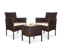 YOEVU - Set de Jardín de Ratán 3 Piezas | 2 Sillas con Cojines y Mesa de Cristal | Resistente al Agua y Sol | Ideal para Terraza y Balcón, Grande, Ratán (Marrón Café)