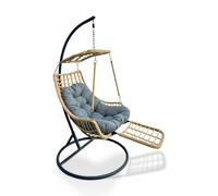 YOEVU - Silla Colgante con Soporte | Reposapiés Integrado | Estructura de Acero Reforzada | Cojín Acolchado Ergonómico | Diseño Boho para Interior y Exterior, Grande, Acero Aleado (Gris Beige)