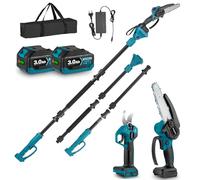 Yofidra 4-en-1 Soplador de Pértiga con Sierra de Cadena y Tijeras Inalámbricas, Podadora sin Escobillas 25mm, Mini Sierra 6", Pértiga 200cm, Ángulo 180°, 2 Baterías 3.0Ah