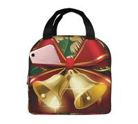 YOFIEN Bolsa para almuerzo con aislamiento grueso y campanas doradas con lazo rojo navideño, reutilizable y a prueba de fugas.