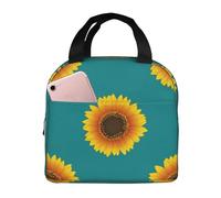 YOFIEN Bolsa para almuerzo con aislamiento grueso y estampado de girasoles sin costuras sobre fondo verde azulado, reutilizable y a prueba de fugas.