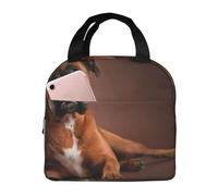 YOFIEN Bolsa para almuerzo con aislamiento grueso y reutilizable a prueba de fugas con diseño de perro bóxer tumbado.