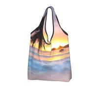 YOFIEN Bolsas de compras plegables reutilizables de gran capacidad con diseño de palmeras tropicales y amanecer en la isla.