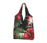YOFIEN Bolso de mano plegable con estampado floral de hibisco rojo estilo vintage tropical Strelitzia, reutilizable y de gran capacidad.