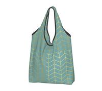 YOFIEN Bolso de mano plegable geométrico de gran capacidad con estampado de espiga y detalles en imitación de lámina dorada en color verde azulado.